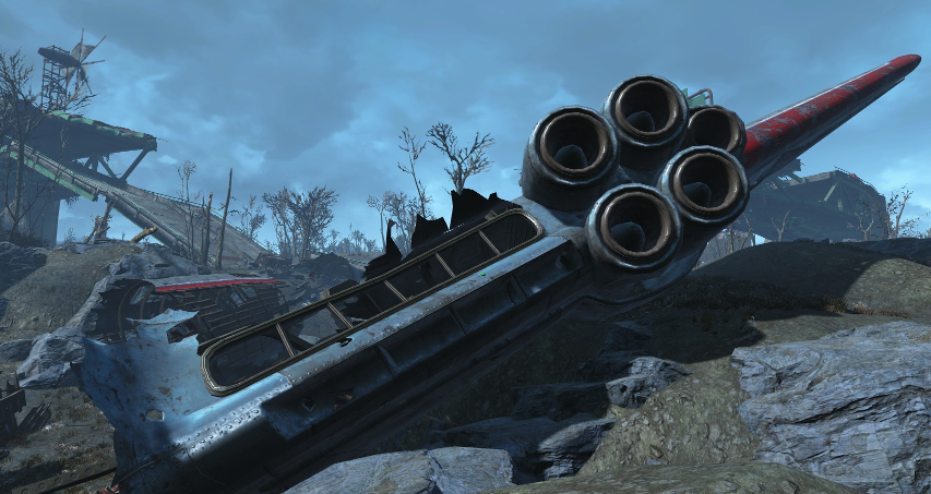 Fallout 4 screenshot showing an ancient wrecked airliner