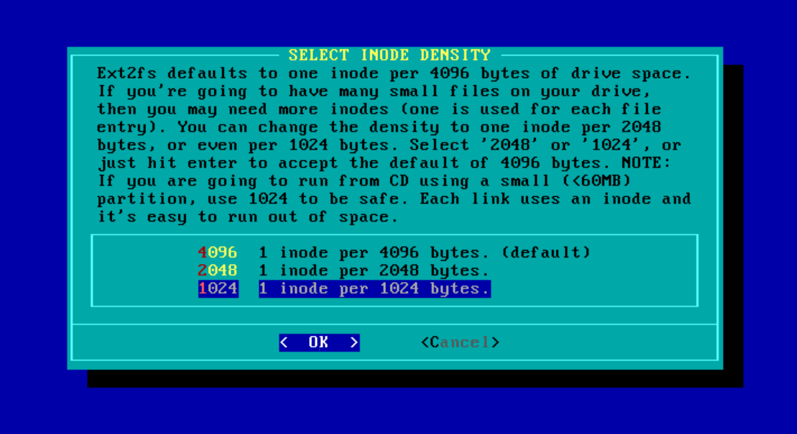 Screenshot of the Slackware 3.0 disk configurator